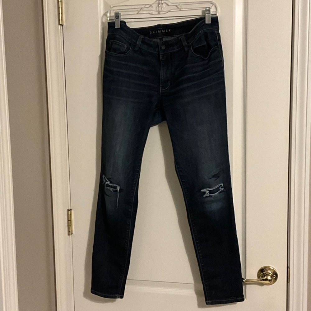 White House Black Market Women's Dark Indigo Skinny Jeans with Knee Distress